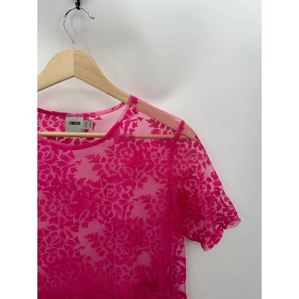 ASOS Pink Sheer Floral Short Sleeve Crew Neck Babydoll Top‎ Women's Size 2 - Image 3