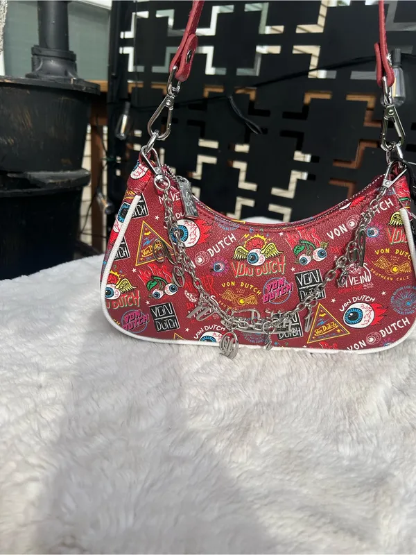 Von Dutch red Jax shoulder bag purse silver chain charms Y2K biker NWT - Image 2