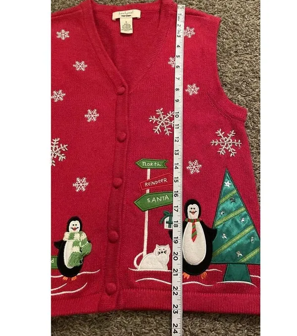 VTG Christmas Sweater Vest Bechamel Sz Small Red Penguins Snowflakes Embroidered - Image 13