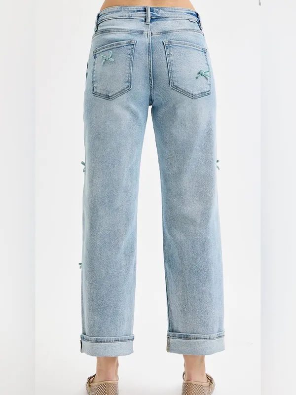 Risen Cassidy High-Rise Barrel Leg Bow Detail Cropped Blue Jeans Size 5/27 - Image 2