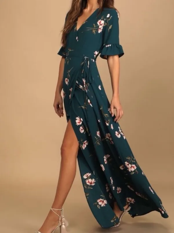 Lulus September Sunsets Dark Teal Floral Print Wrap Maxi Dress NWT size M - Image 14