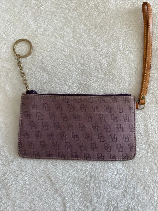 Dooney & Bourke Monogram Wristlet Pouch Purple Tan Coated Canvas Zip Clutch - Image 3