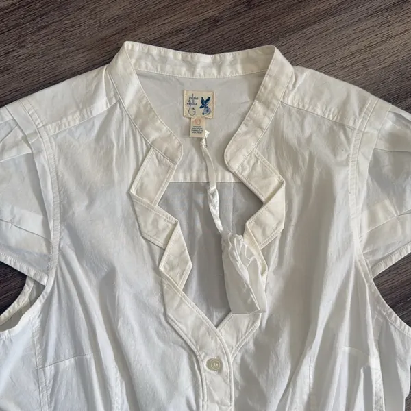 Anthro Cream Ruffled Mandarin Collar Blouse Modern button down Casual Top - Image 4