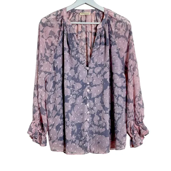 LoveStitch Pink and Grey Floral Sheer Blouse L - Image 5