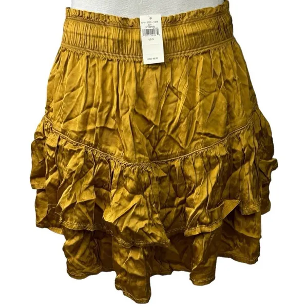 Aerie Size S Mini Skirt‎ Sweet N’ Silky In Honey Ruffle Layers Satin Elastic NEW - Image 5