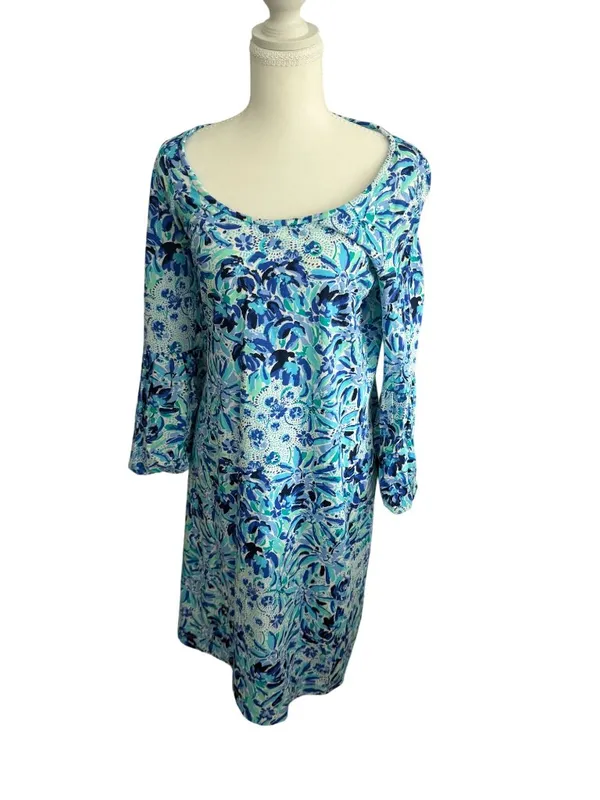 LILLY PULITZER Blue Floral 3/4 Sleeve Dress Size Medium - Image 6
