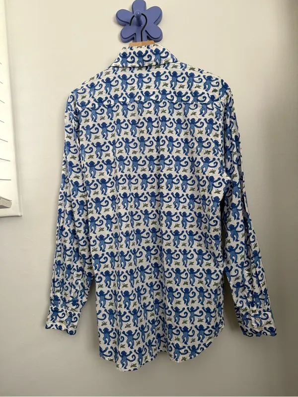 Roller Rabbit XL PJ Monkey Button Up Long Sleeve Shirt Blue Cotton Lounge White - Image 4