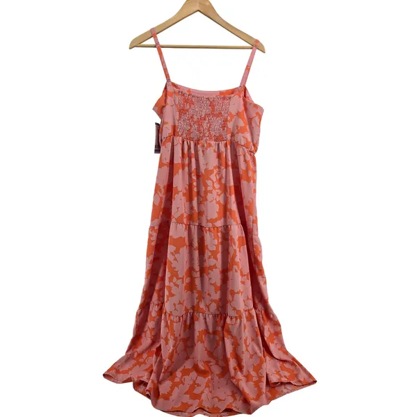 Social Standard Dress Womens Large Smocked Back Pink Orange Floral NEW - Image 4