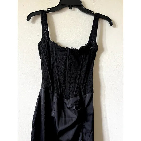 Oh Polly Taliah Lace Soft-Scoop Corset Satin Midaxi Midi Dress in Black Size 2 - Image 9