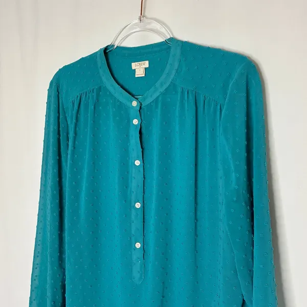 J. Crew Factory Teal Blue Plumetis Semi-Sheer Button Front Blouse Womens Large - Image 2