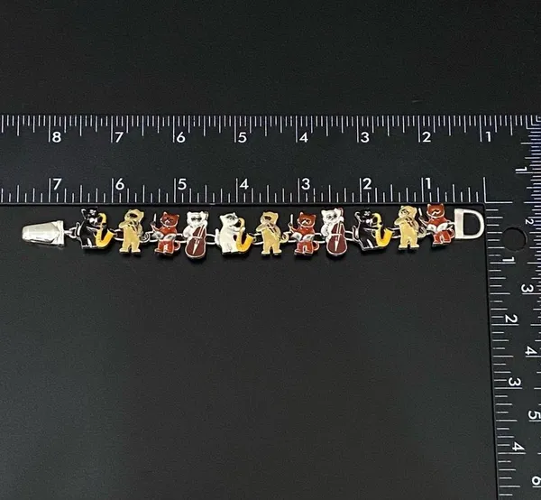 Adorable Silver-tone Enameled Musical Cat Playing Misic Instruments Bracelet 31g - Image 9