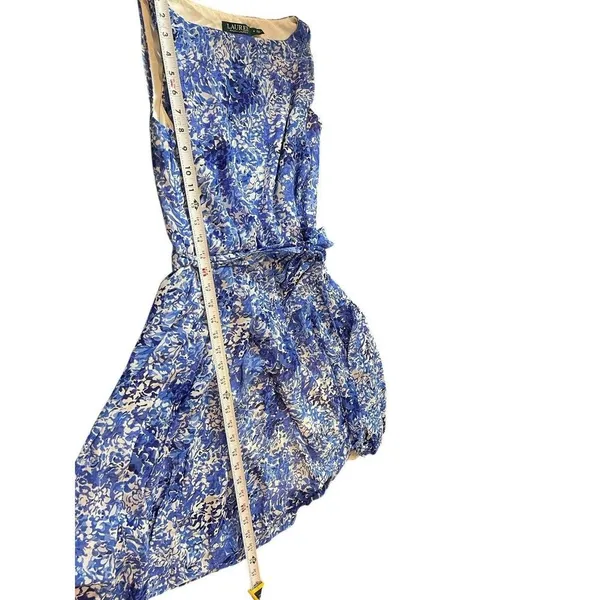 Lauren Ralph Lauren Blue Floral Sheer Lined Tie Waist Pleated Sleeveless Dress 2 - Image 9