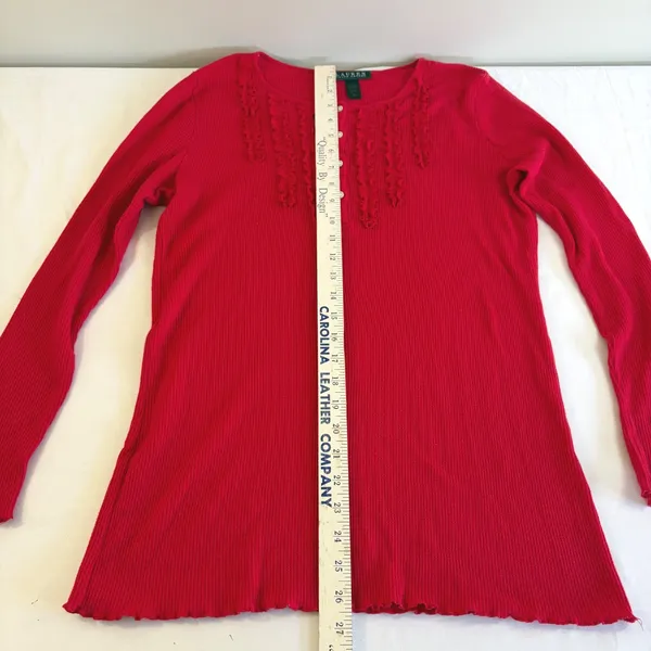 Lauren Ralph Lauren Red Thermal Waffle Knit Ruffle Henley Top Womens Size Medium - Image 4