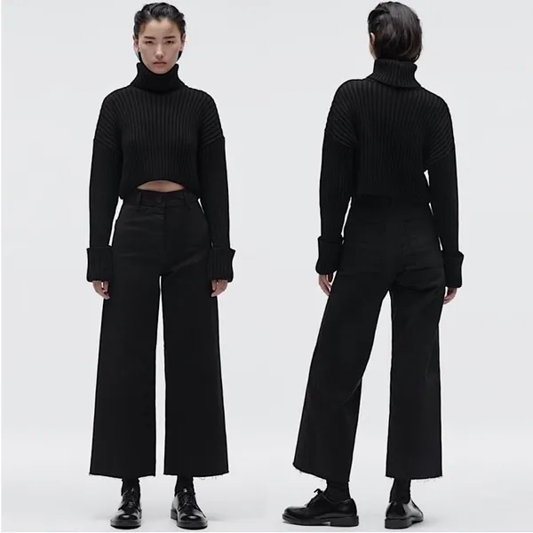Zara Marine (Sailor) Straight Wide Leg High Waisted Raw Hem Jeans Washed Black 2 - Image 2