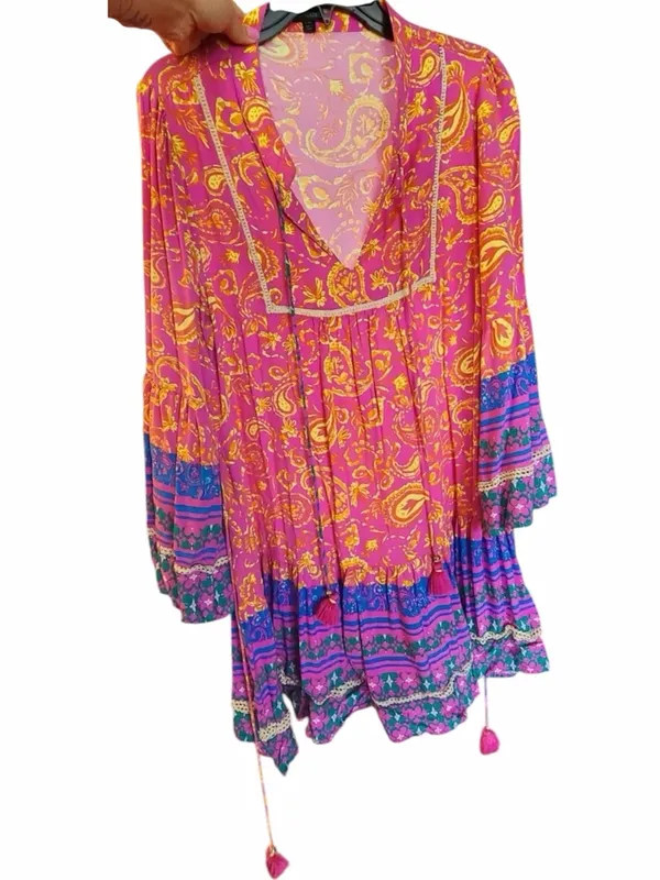 Coco + Carmen Boho Paisley Tunic Dress Pink Blue Tassel Tie Size L/XL Hippie - Image 11