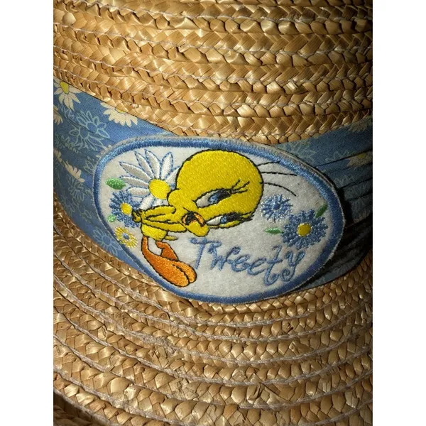 Vintage 1999 Looney Tunes Tweety Bird Straw Sun Hat Patch 90s Gardening - Image 2