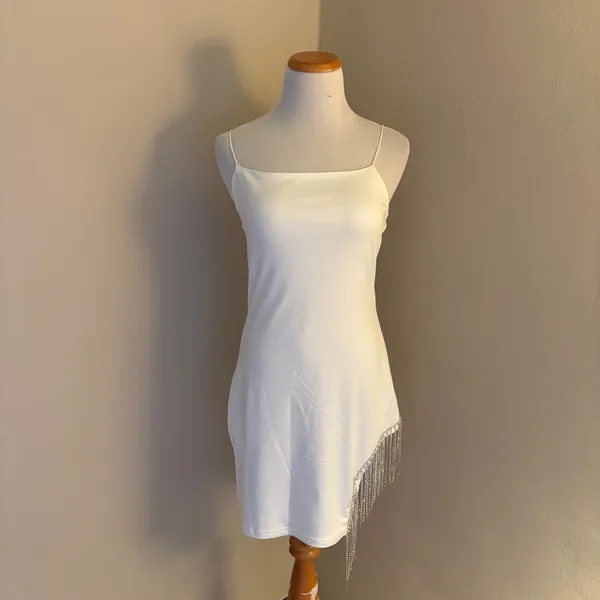 12th Tribe NWT White‎ Satin Asymmetrical Mini Dress Rhinestone Fringe Medium - Image 3