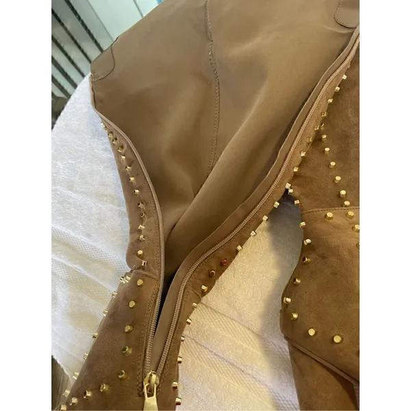 New Venus Faux Suede Studded Over the knee Taupe Boots - Image 12