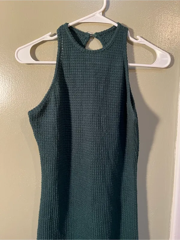 Women’s Size Medium Sleeveless Bodycon Mini Dress Dark Green High Neck Keyhole - Image 6