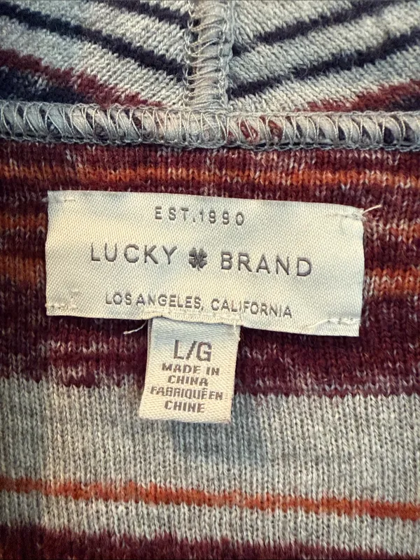 LUCKY BRAND Open-Front Striped Cardigan in Rust Burgundy Navy & Cream Size Large - Image 2