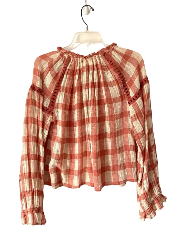Free People NWTs Honey Grove Plaid Boho Embroidered Blouse size small Rust Cream - Image 3
