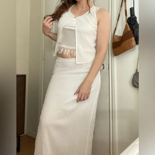 American Vintage Vintage 90s‎ does 70s Boho Cottage Two Piece Maxi Skirt Set Size Small in White - Image 2