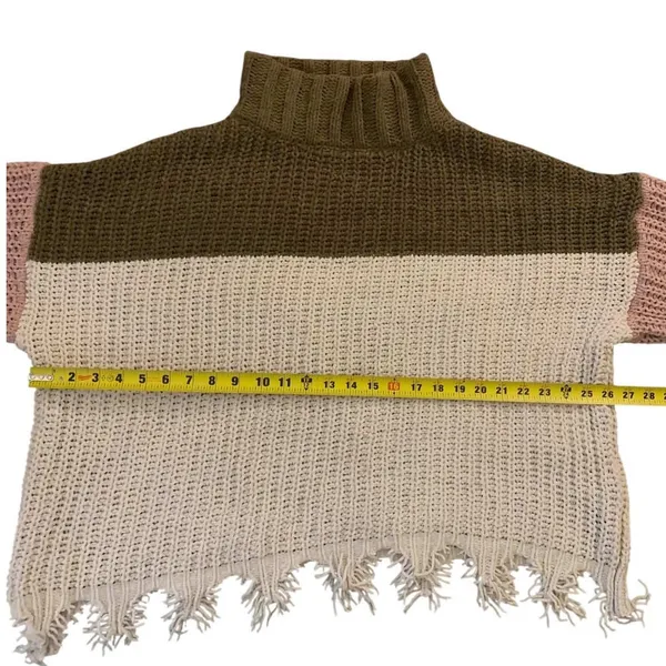 POL Sweater Womens Small Brown Pink Colorblock Fringe Mock Neck‎ MST127 Boho - Image 6