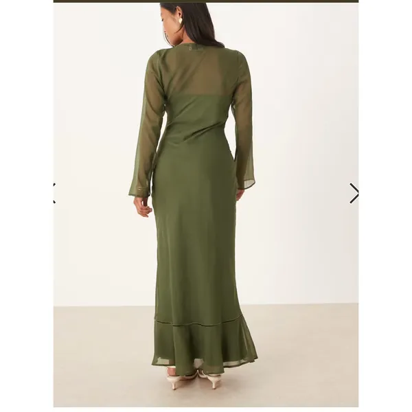 ASOS Ruched Bust Scoop Long Sleeve Maxi Dress Olive US 12 - Image 10