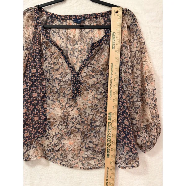 American Eagle Floral Peasant Blouse Small Navy Peach Sheer V-Neck Boho Top 5112 - Image 2