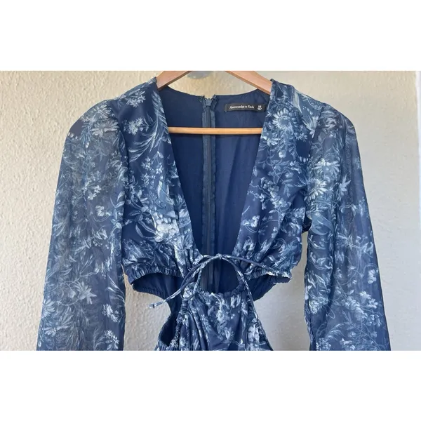 Abercrombie & Fitch Blue Floral Cutout Plunge Mini Dress Long Sleeve Beach Vacay - Image 6