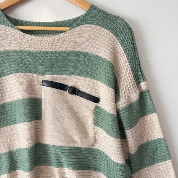 Striped Knit Sweater Women's Green Beige‎ Pocket Detail Pullover Casual - Image 3