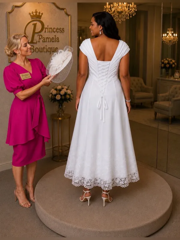 #W 48 - 14 Tea Length Bridal Dress. Large/Size 14 - Image 3