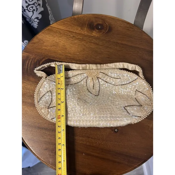 Vintage Sequin Beaded Pearl Clutch Bag Made In Japan Zipper Cocktail Formal - Image 3