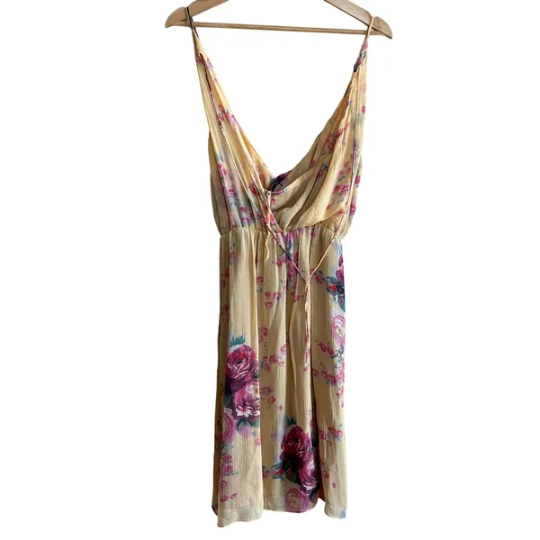 Anthropologie Meadow Rue Floral Silk Ruffle Midi Dress 4 Yellow V-Neck FLAW - Image 6