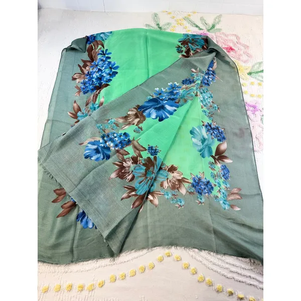 Green Fantasy Scarf Blue Floral Print Viscose‎ Lightweight Wrap Eyelash Fringe - Image 2