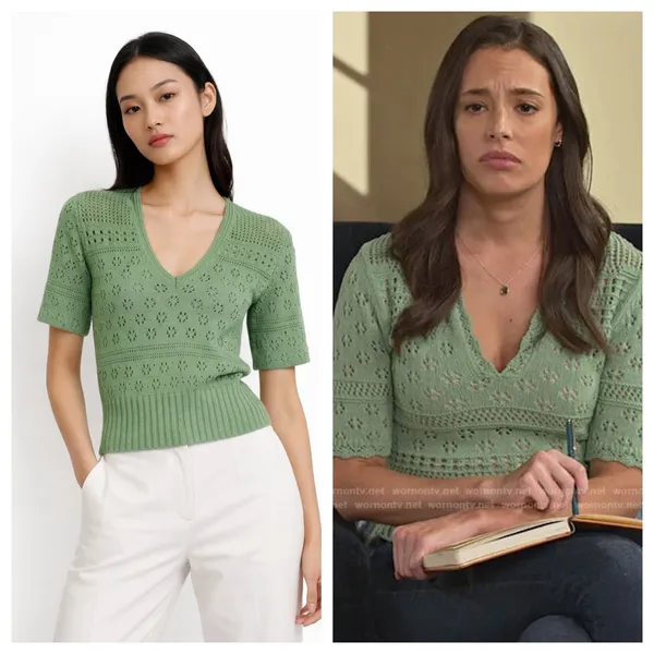 Sandro Paris Joe Pointelle Open Knit Top M Green‎ Cottagecore Soft Girl Romantic - Image 2