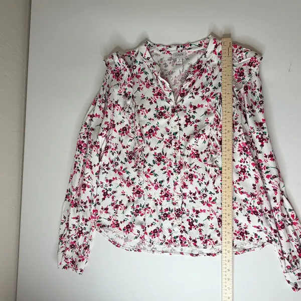 J Crew Floral‎ Printed Ruffle Top Small Multicolor Button Up Preppy Romantic - Image 9