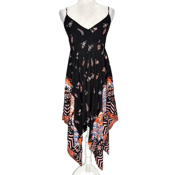 Express Small Black Asymmetrical Spaghetti-Strap Dress Floral Smocked Swing - Image 3