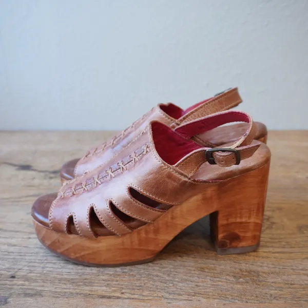 Bed Stu 6.5 Leather Platform Sandals Tan Excellent Stitch Wood Heel Boho Western - Image 4