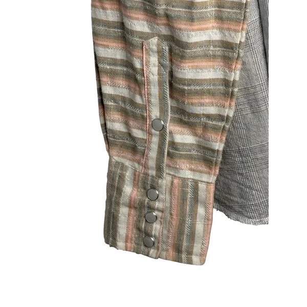 Dress Up Mixed Print Button Down Top Women Small‎ Blue Peplum Striped Plaid Boho - Image 9