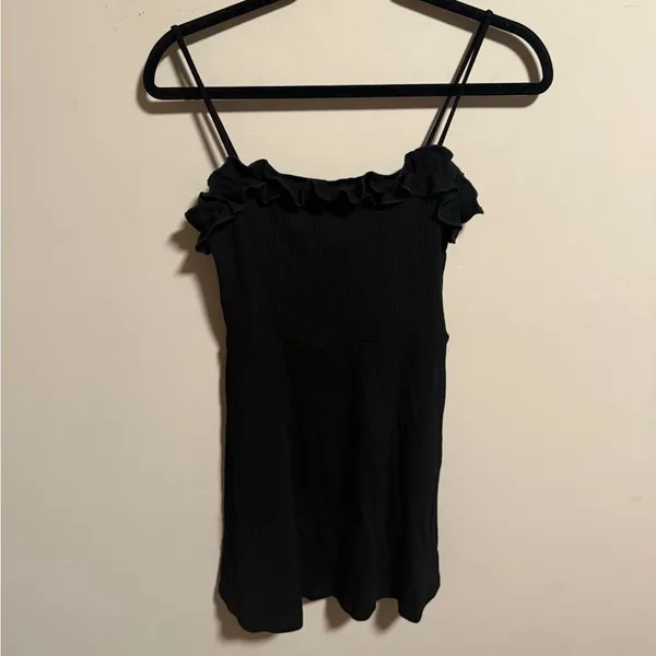 Reformation Bri Black Ribbed Knit Ruffle Thin Strap Mini Dress - Size Small - Image 4