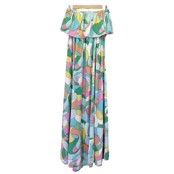 Japna Strapless Flounce Top Summer Maxi Dress Retro Aqua & Pink Print Size Small - Image 5