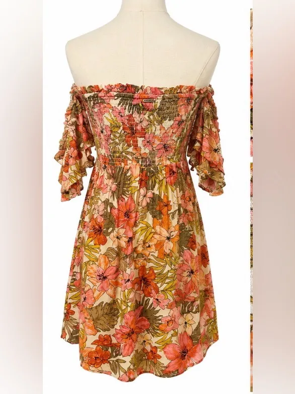 Billabong Coral and Olive Floral Off-the-Shoulder Dress Size Medium - Image 2