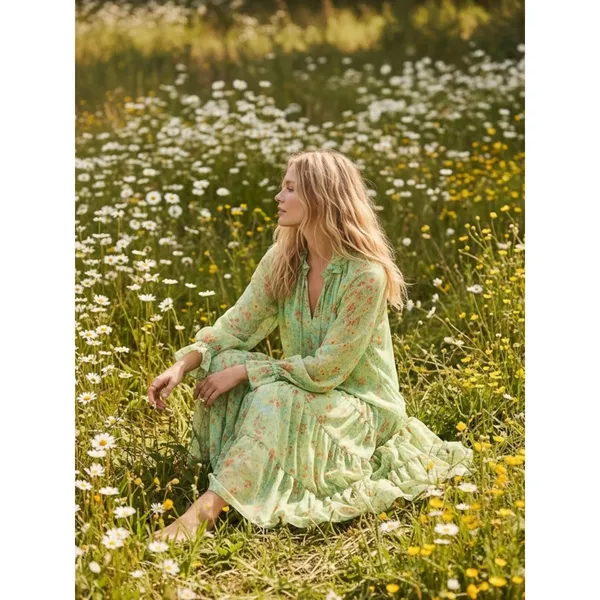 Free People Feeling Groovy Maxi Dress Size Large 70s Chartreuse Floral Bohemian - Image 3