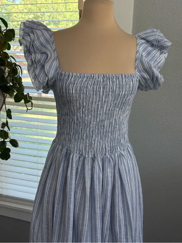 Mille Olympia Linen Midi Dress Size Small Smocked Tiered Ruffle Sleeve - Image 5