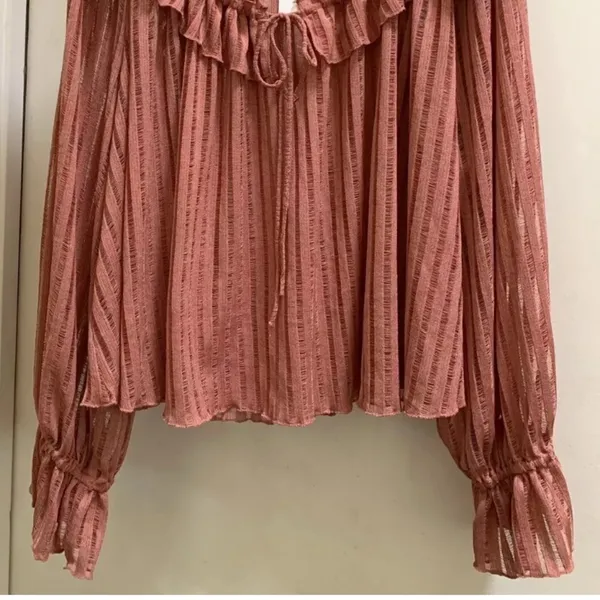 By Anthropologie Sheer Striped Blouse Top plus XXL 2X NEW BOHO rose long sleeve - Image 12
