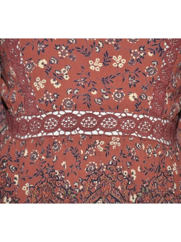 Angie Dress Womens Size L Floral Boho Puff Bell Sleeve Midi Smocked Lace - Image 3