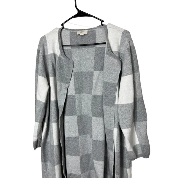 LOFT Outlet XL Gray‎ & White Checkered Long Sleeve Open Front Cardigan - Image 2