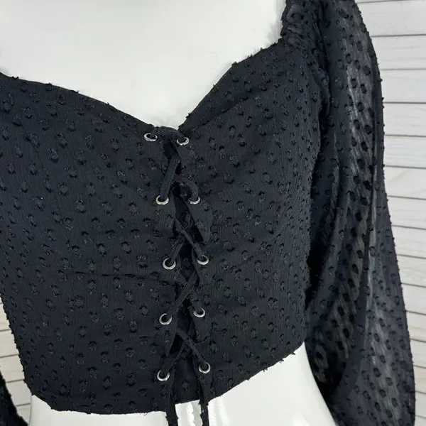Aeropostale Clip Dot Lace Up Off The‎ Shoulder Crop Top Black Medium Sheer Indie - Image 7