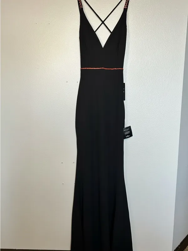 Lulu's Black V-Neck Evening Gown with Subtle Red Trim - Image 2